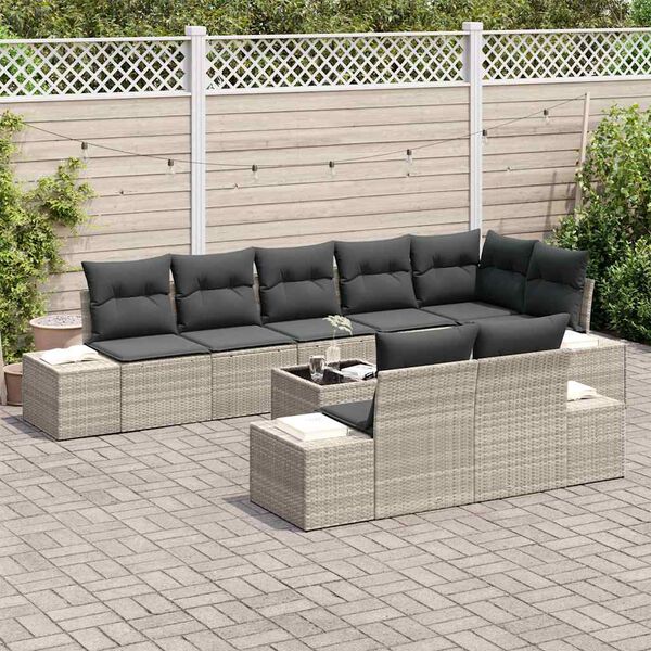 vidaXL Conjunto de sof&aacute; de jard&iacute;n 9 pcs Gris Claro rat&aacute;n sint&eacute;tico