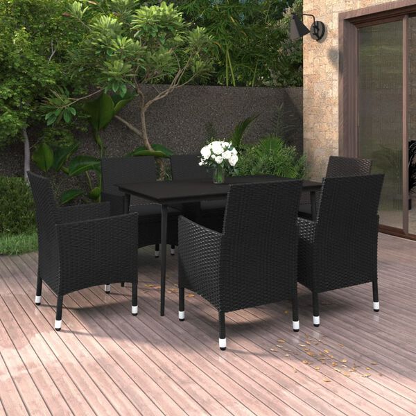 vidaXL Set comedor de jard&iacute;n 7 pzas y cojines rat&aacute;n sint&eacute;tico y vidrio