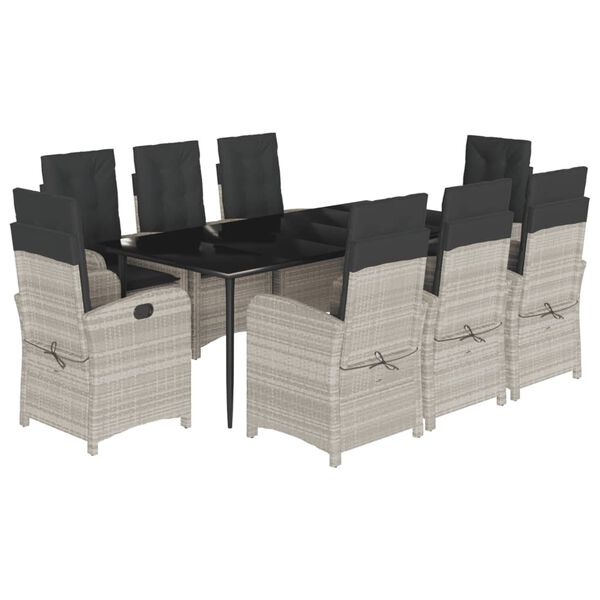 vidaXL Set comedor de jard&iacute;n 9 pzas cojines rat&aacute;n sint&eacute;tico gris claro