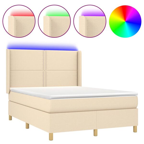 vidaXL Cama box spring colch&oacute;n y luces LED tela crema 140x190 cm