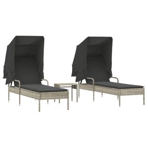 vidaXL Tumbonas con capota y mesa 2 uds rat&aacute;n sint&eacute;tico gris claro