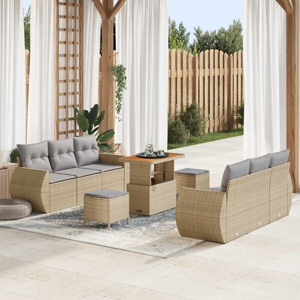 vidaXL Conjunto de sof&aacute; de jard&iacute;n 9 pcs Beige rat&aacute;n sint&eacute;tico