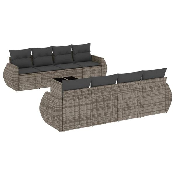 vidaXL Set de muebles de jard&iacute;n 9 pzas y cojines rat&aacute;n sint&eacute;tico gris