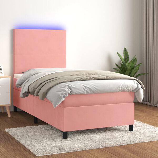 vidaXL Cama box spring colch&oacute;n y LED terciopelo rosa 80x200 cm