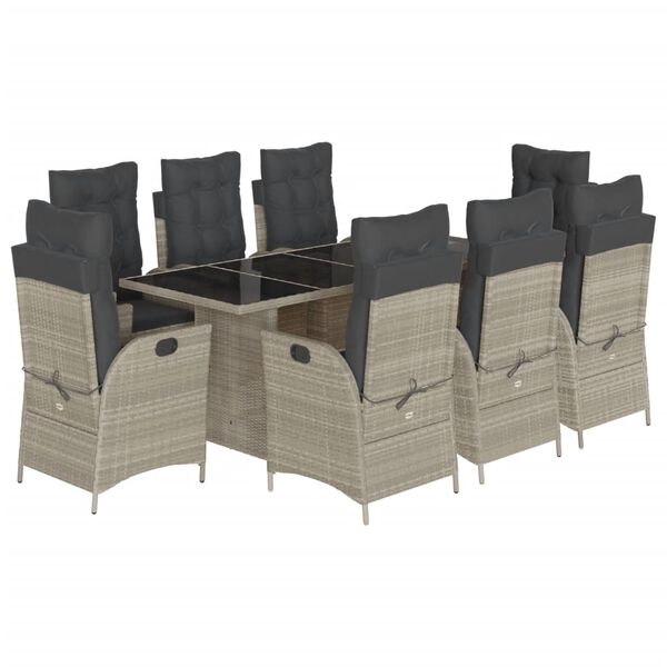 vidaXL Set comedor de jard&iacute;n 9 pzas cojines rat&aacute;n sint&eacute;tico gris claro