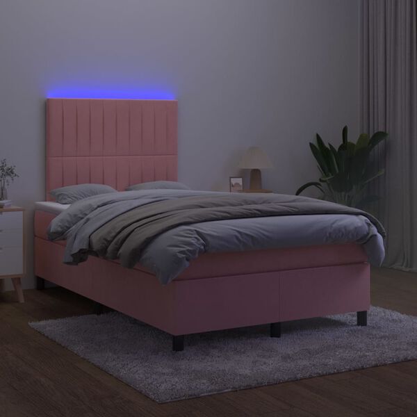 vidaXL Cama box spring colch&oacute;n y LED terciopelo rosa 120x200 cm