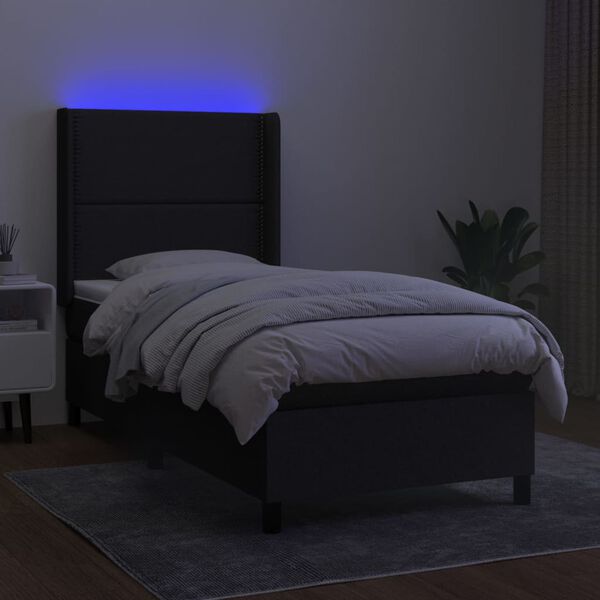 vidaXL Cama box spring colch&oacute;n y luces LED tela negro 90x200 cm