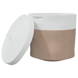 vidaXL Cesta de almacenaje con tapa algod&oacute;n marr&oacute;n y blanco &Oslash;40x35 cm