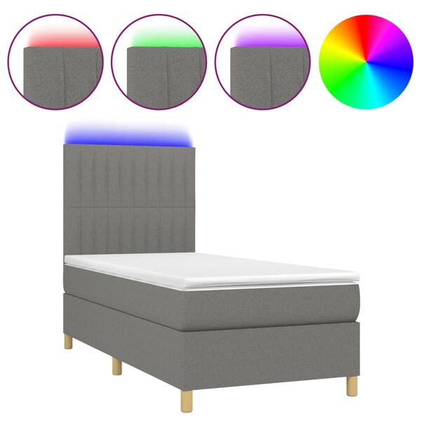 vidaXL Cama box spring colch&oacute;n y luces LED tela gris oscuro 90x200 cm