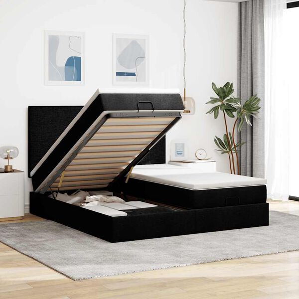 vidaXL Estructura de cama otomana con colchones tela negra 160x200 cm