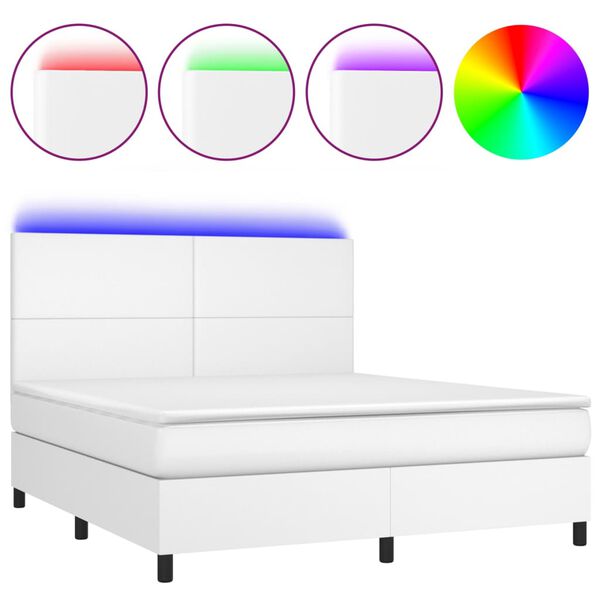 vidaXL Cama box spring colch&oacute;n y LED cuero sint&eacute;tico blanco 180x200 cm