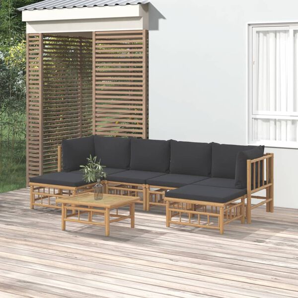 vidaXL Set de muebles de jard&iacute;n 7 piezas bamb&uacute; con cojines gris oscuro
