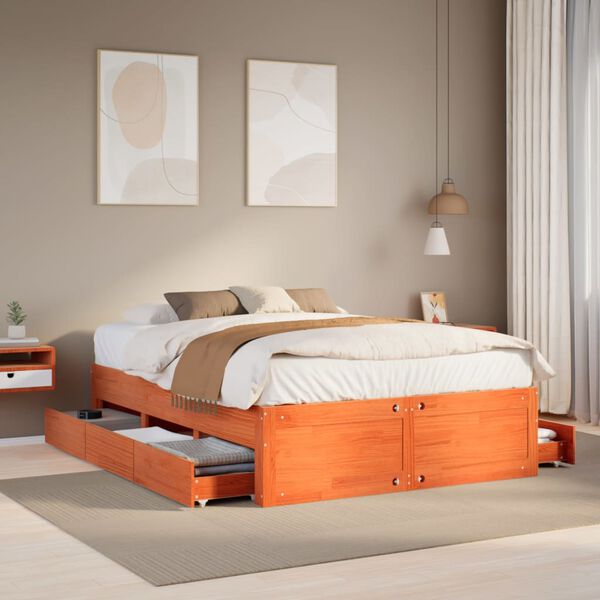 vidaXL Cama con cajones sin colch&oacute;n madera maciza marr&oacute;n 140x200 cm
