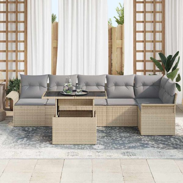 vidaXL Conjunto de sof&aacute; de jard&iacute;n 7 pcs Beige rat&aacute;n sint&eacute;tico