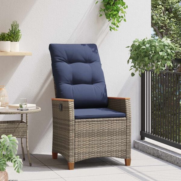 vidaXL Silla de jard&iacute;n reclinable Gris y azul marino rat&aacute;n sint&eacute;tico