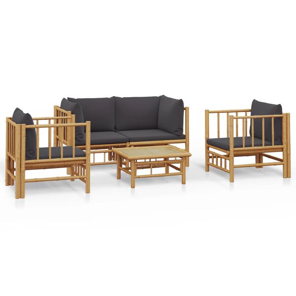 vidaXL Set de muebles de jard&iacute;n 5 piezas bamb&uacute; con cojines gris oscuro