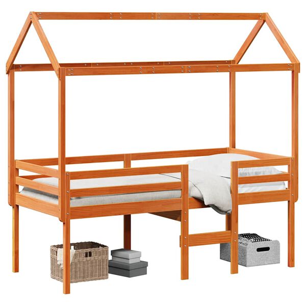 vidaXL Cama alta con techo madera maciza de pino marr&oacute;n cera 75x190 cm