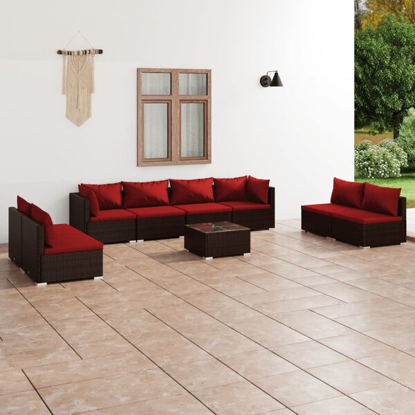 vidaXL Set muebles de jard&iacute;n 9 piezas y cojines rat&aacute;n sint&eacute;tico marr&oacute;n