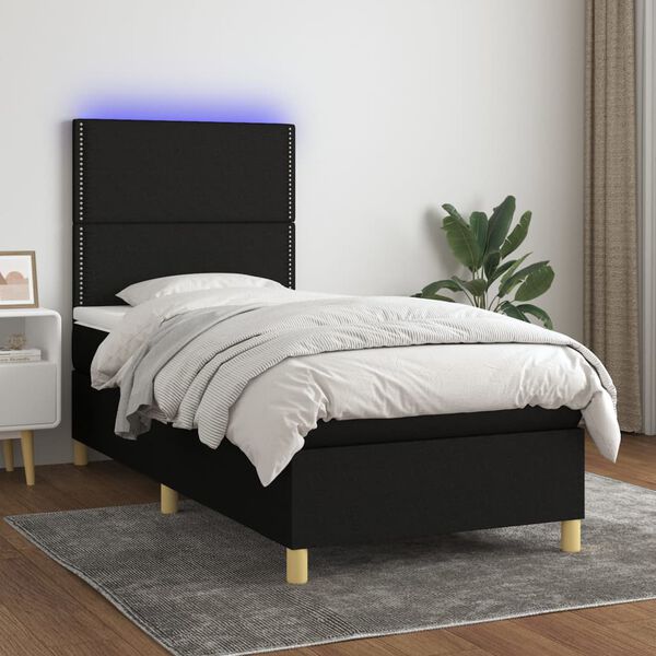 vidaXL Cama box spring colch&oacute;n y luces LED tela negro 90x200 cm
