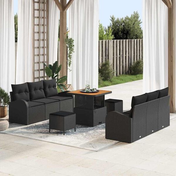 vidaXL Conjunto de sofá de jardín con cojín 9 pcs Negro Poliratán