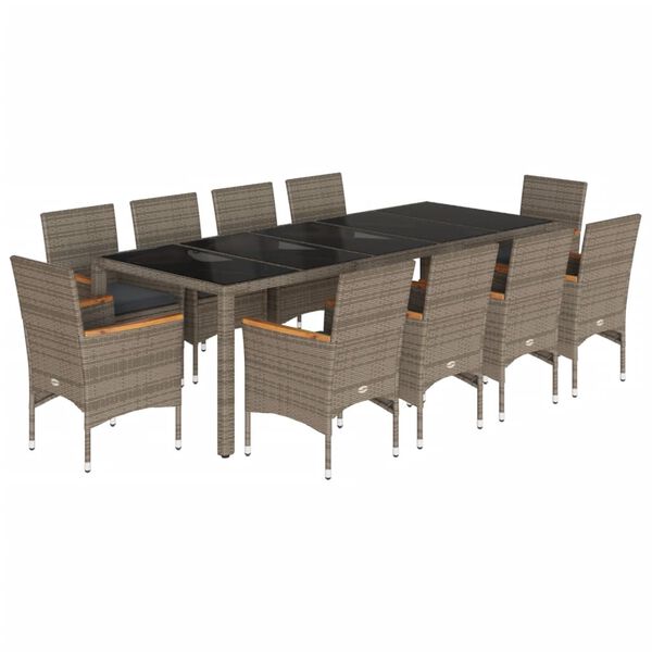 vidaXL Set comedor jard&iacute;n 11 pzas cojines rat&aacute;n sint&eacute;tico vidrio gris