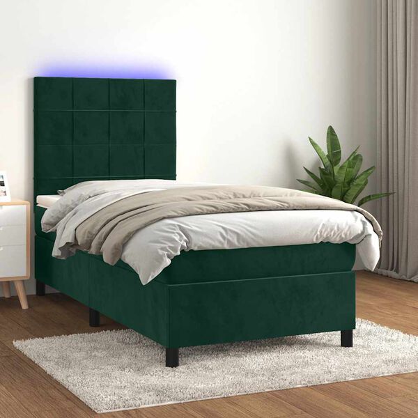 vidaXL Cama box spring colch&oacute;n y LED terciopelo verde oscuro 90x200 cm