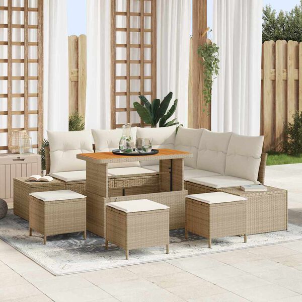 vidaXL Conjunto de sof&aacute;s de jard&iacute;n 9 pcs Beige rat&aacute;n sint&eacute;tico
