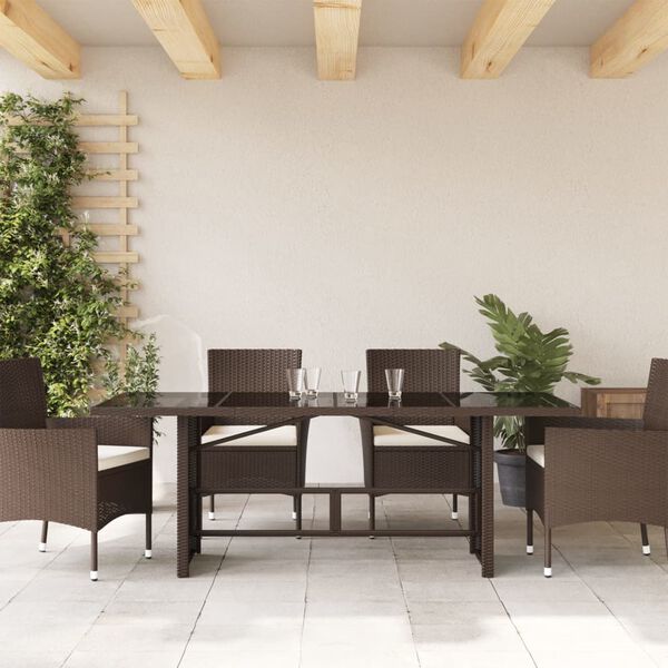 vidaXL Mesa de jard&iacute;n superficie de vidrio rat&aacute;n PE marr&oacute;n 190x80x74cm