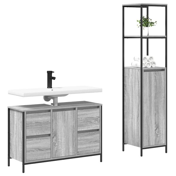 vidaXL Juego de muebles de ba&ntilde;o con caj&oacute;n 2 pcs Gris sonoma y Negro
