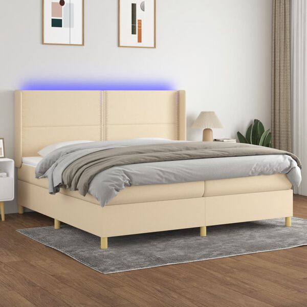 vidaXL Cama box spring colch&oacute;n y luces LED tela crema 200x200 cm