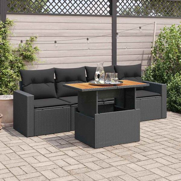 vidaXL Set de muebles de jard&iacute;n 5 pzas y cojines rat&aacute;n sint&eacute;tico negro