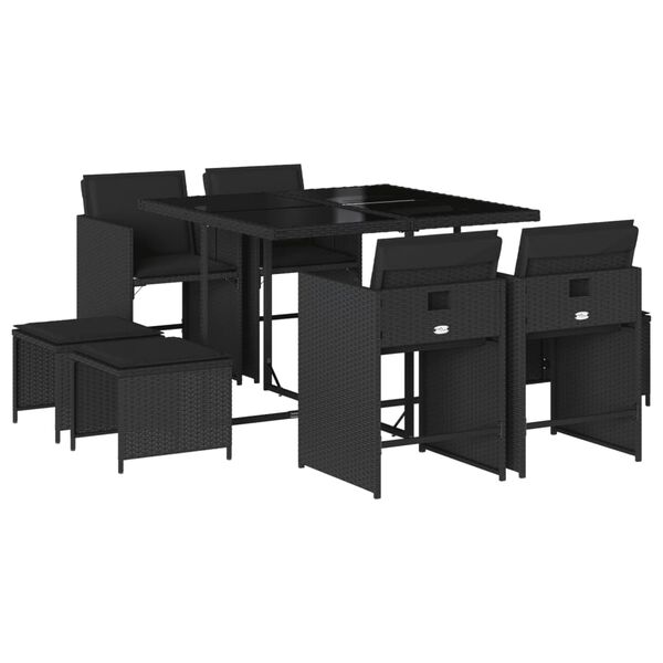 vidaXL Set de comedor de jard&iacute;n 9 pzas y cojines rat&aacute;n sint&eacute;tico negro