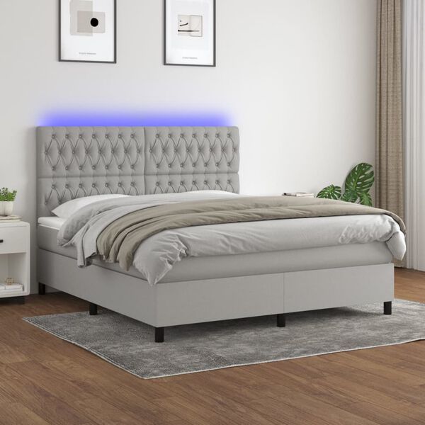 vidaXL Cama box spring colch&oacute;n y luces LED tela gris claro 160x200 cm