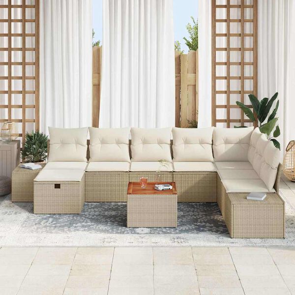 vidaXL Conjunto de sof&aacute; de jard&iacute;n con coj&iacute;n 9 pcs Beige Polirat&aacute;n