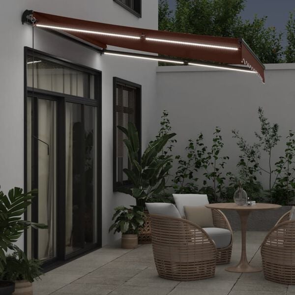 vidaXL Toldo retr&aacute;ctil manual con luz LED marr&oacute;n 300x250 cm
