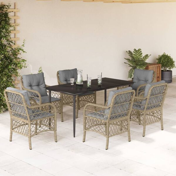 vidaXL Set comedor de jard&iacute;n 7 pzas con cojines rat&aacute;n sint&eacute;tico beige