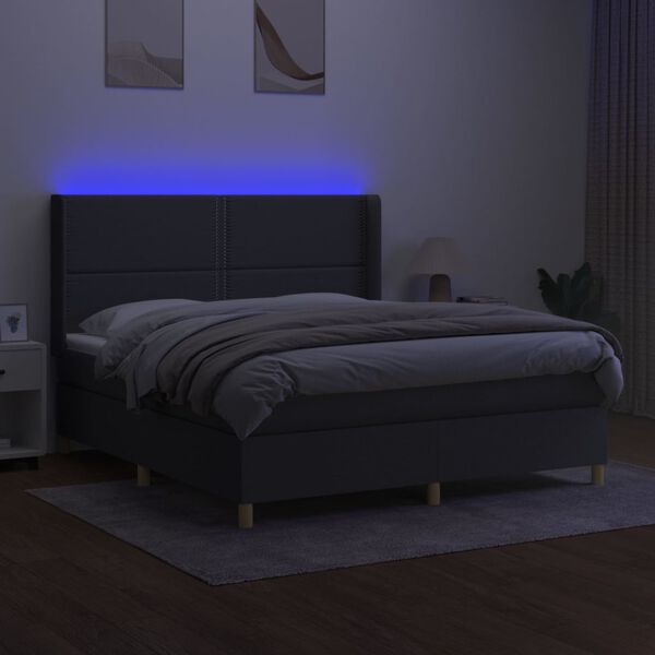 vidaXL Cama box spring colch&oacute;n y luces LED tela gris oscuro 180x200 cm