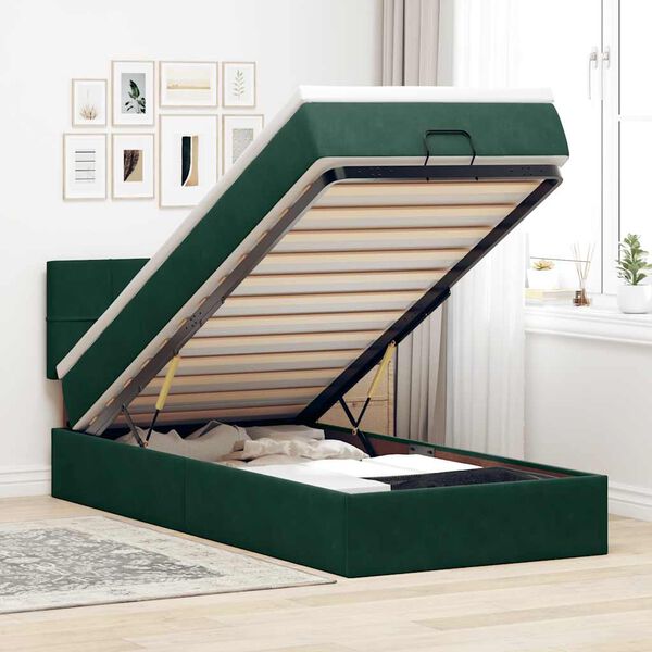 vidaXL Estructura de cama otomana con colch&oacute;n terciopelo verde oscuro