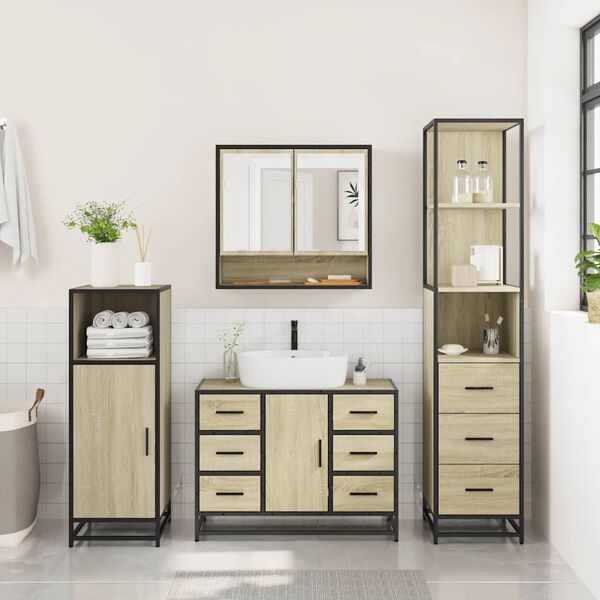 vidaXL Set de muebles de ba&ntilde;o 3 pzas madera contrachapada roble Sonoma