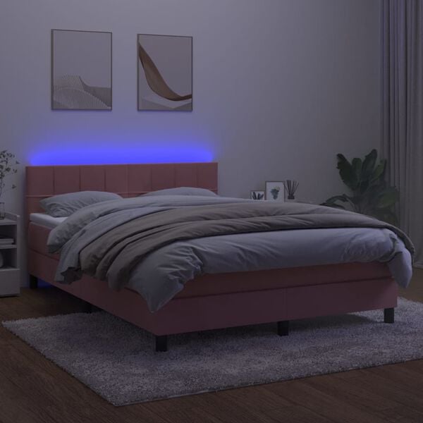 vidaXL Cama box spring colch&oacute;n y LED terciopelo rosa 140x190 cm