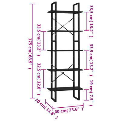 vidaXL Estantería de 5 niveles madera de ingeniería negra 60x30x175 cm