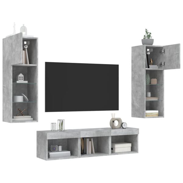 vidaXL Muebles TV pared con LED 5 pzas madera ingenier&iacute;a gris hormig&oacute;n