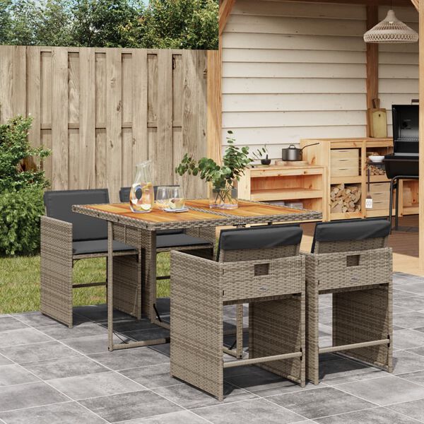 vidaXL Set comedor de jard&iacute;n 5 piezas con cojines rat&aacute;n sint&eacute;tico gris