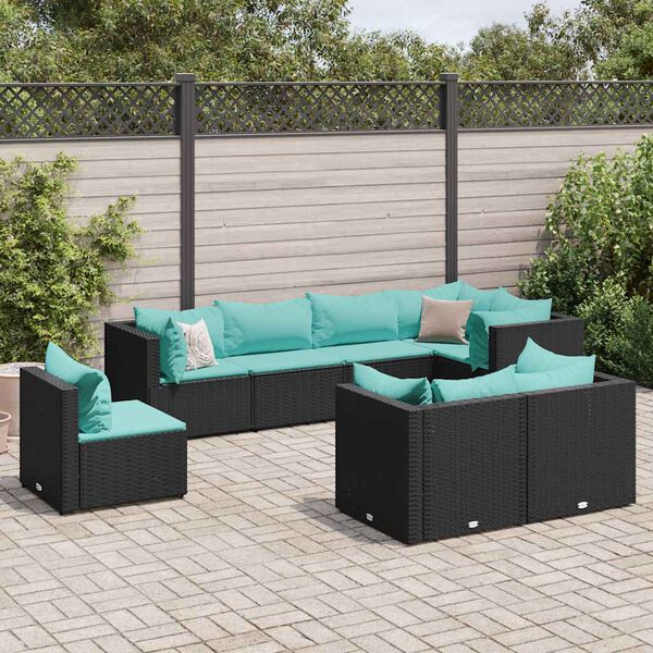 vidaXL Set de muebles de jard&iacute;n 8 pzas y cojines rat&aacute;n sint&eacute;tico negro