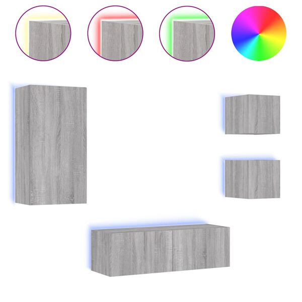 vidaXL Muebles de TV de pared con luces LED 4 piezas gris Sonoma