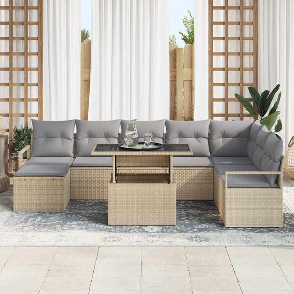 vidaXL Conjunto de sof&aacute; de jard&iacute;n 9 pcs Beige Polirat&aacute;n