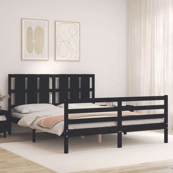 vidaXL Estructura cama de matrimonio con cabecero madera maciza negro