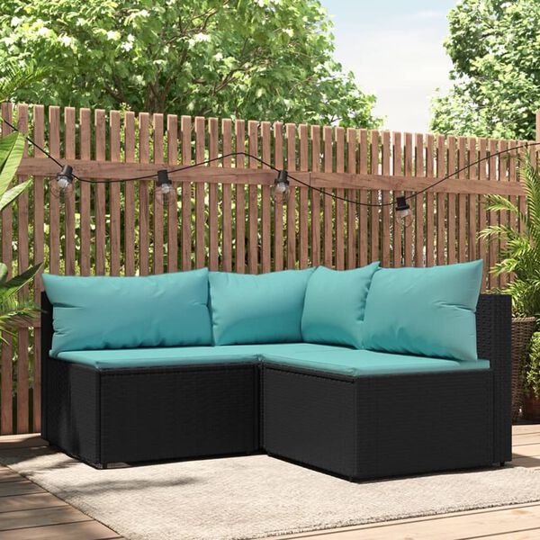 vidaXL Set de muebles de jard&iacute;n 3 pzas y cojines rat&aacute;n sint&eacute;tico negro