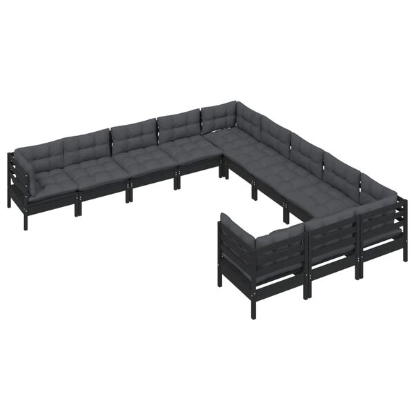 vidaXL Muebles de jard&iacute;n 11 pzas y cojines negro madera de pino