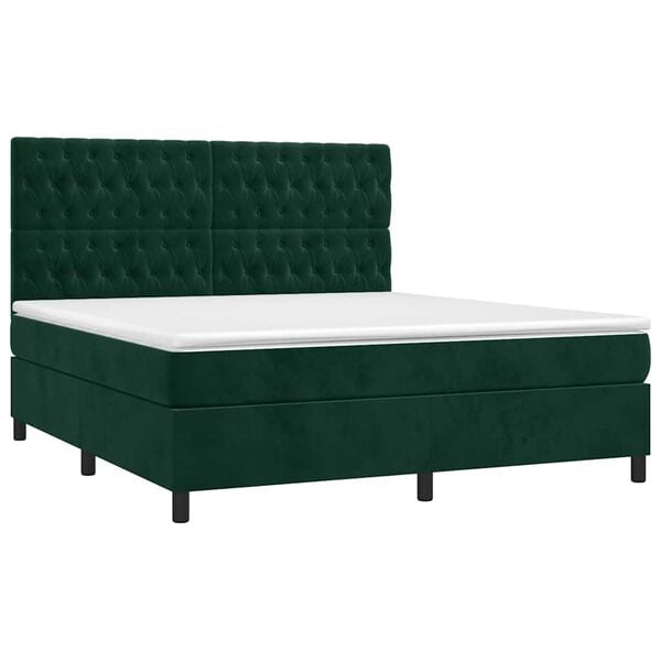 vidaXL Cama box spring colch&oacute;n y LED terciopelo verde oscuro 180x200cm